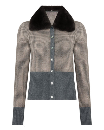 N.Peal Women's Dogtooth Cashmere Cardigan With Fur Elephant Grey