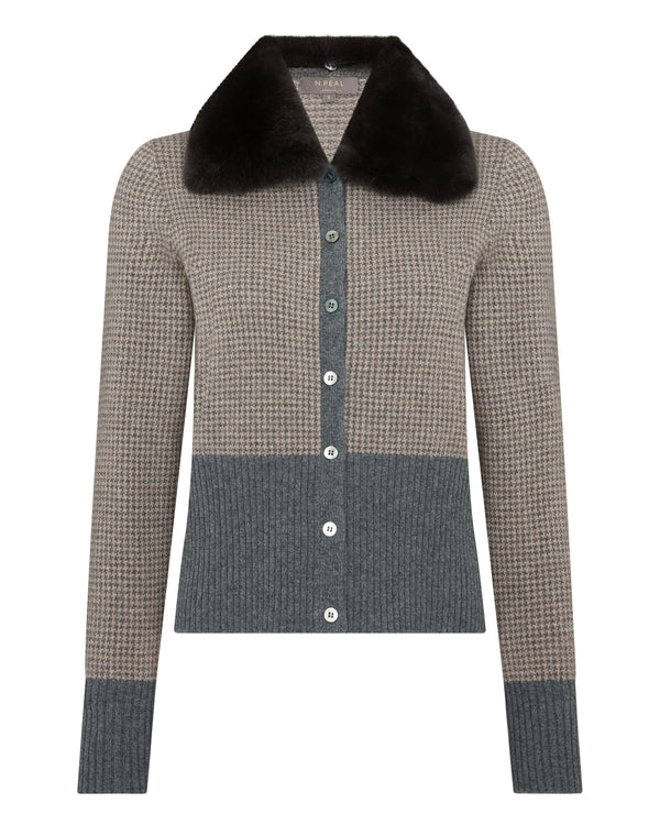 N.Peal Women's Dogtooth Cashmere Cardigan With Fur Elephant Grey