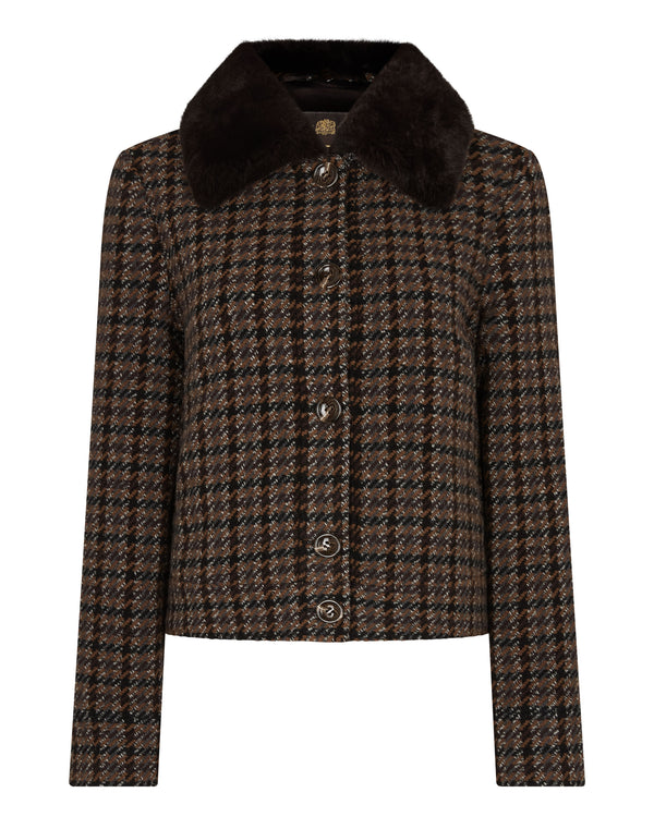 N.Peal Women's Dogtooth Fur Trim Jacket Brown