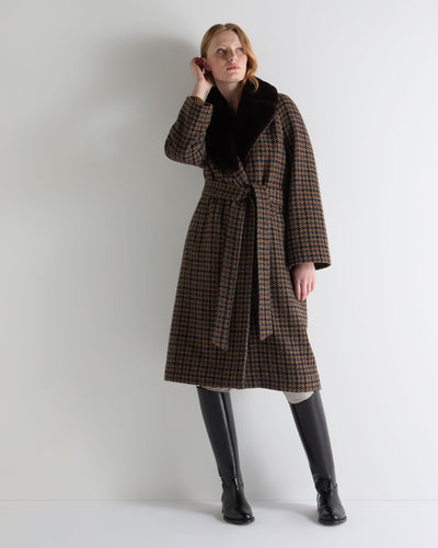 N.Peal Women's Dogtooth Fur Trim Coat Brown