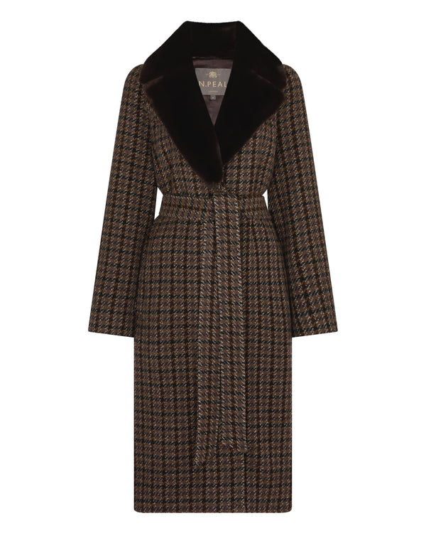 N.Peal Women's Dogtooth Fur Trim Coat Brown