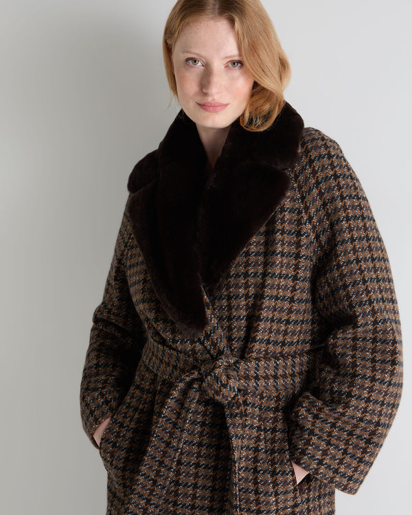N.Peal Women's Dogtooth Fur Trim Coat Brown