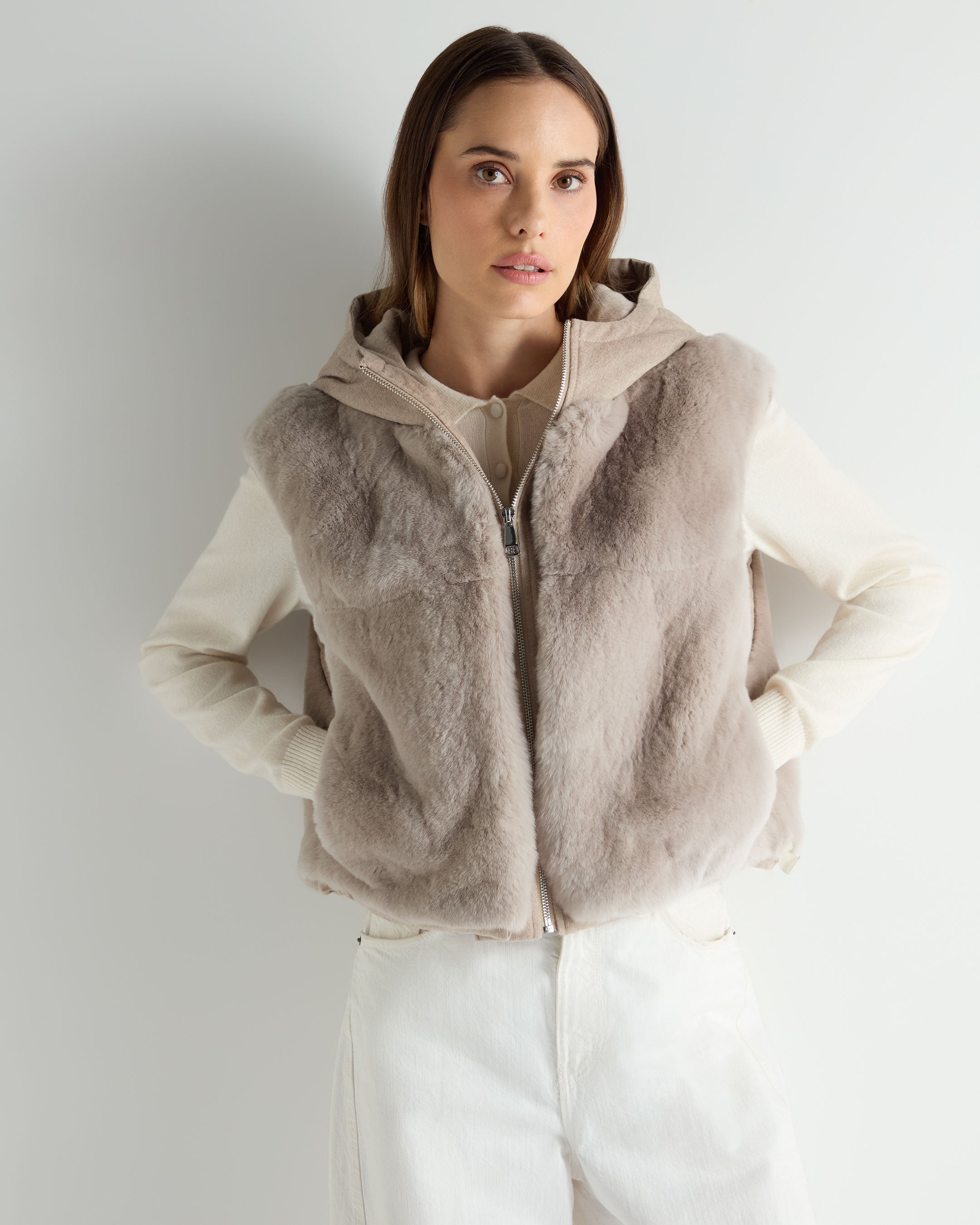 Women's Rex Fur Hooded Gilet Beige Brown | N.Peal