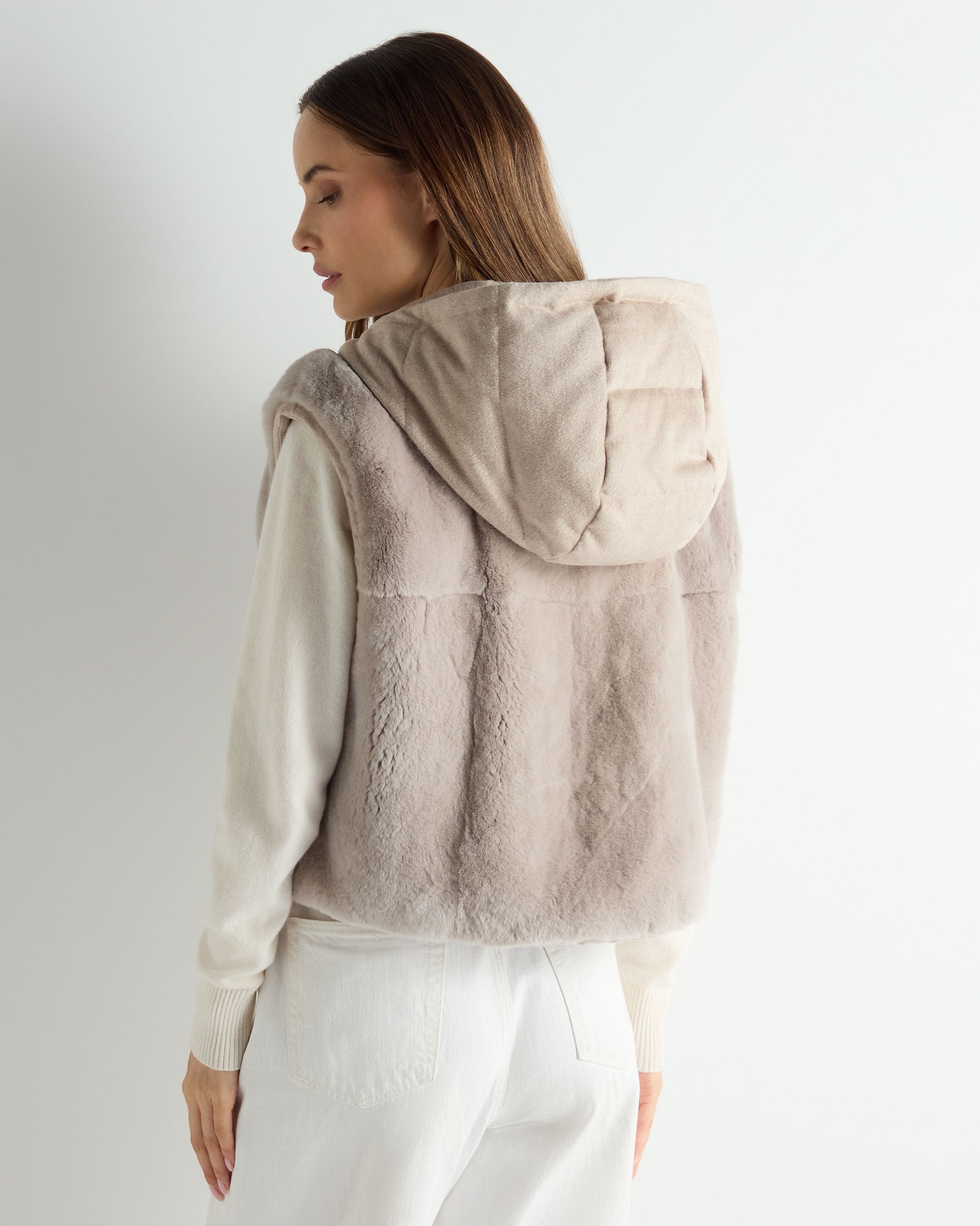 Women's Rex Fur Hooded Gilet Beige Brown | N.Peal