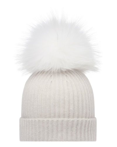 N.Peal Women's Ribbed Cashmere Hat With Detachable Pom Frost White Sparkle