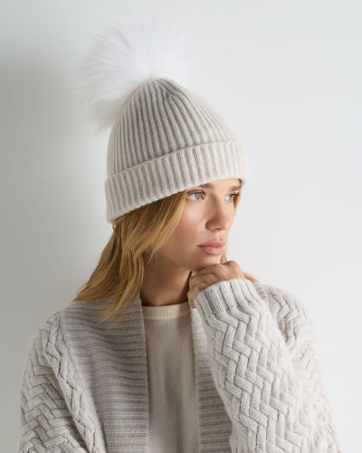 N.Peal Women's Ribbed Cashmere Hat With Detachable Pom Frost White Sparkle
