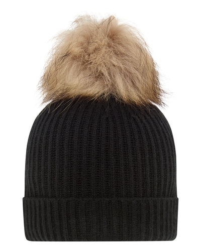 N.Peal Unisex Ribbed Cashmere Hat With Detachable Pom Black