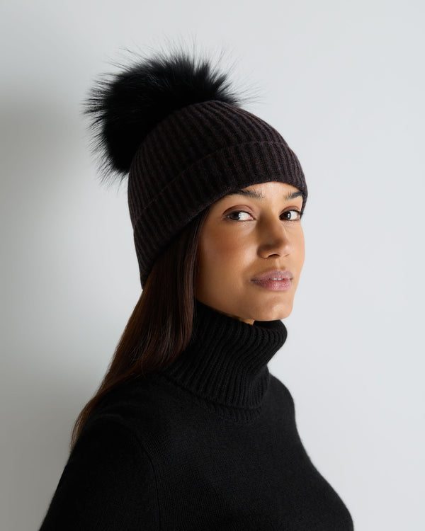 Unisex Ribbed Cashmere Hat With Detachable Pom 2