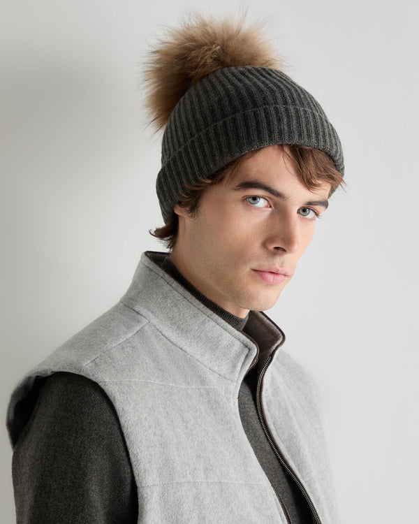 Unisex Ribbed Cashmere Hat With Detachable Pom  5