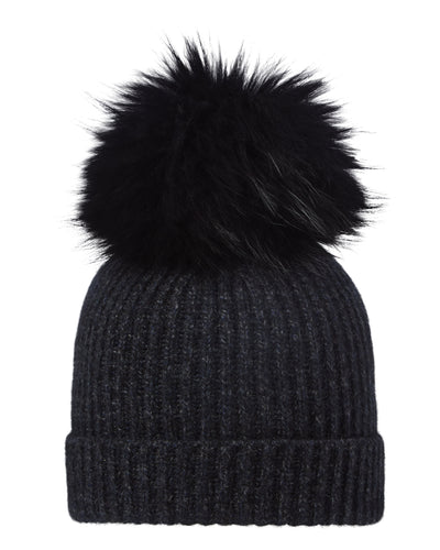 N.Peal Unisex Ribbed Cashmere Hat With Detachable Pom Ink Blue Melange