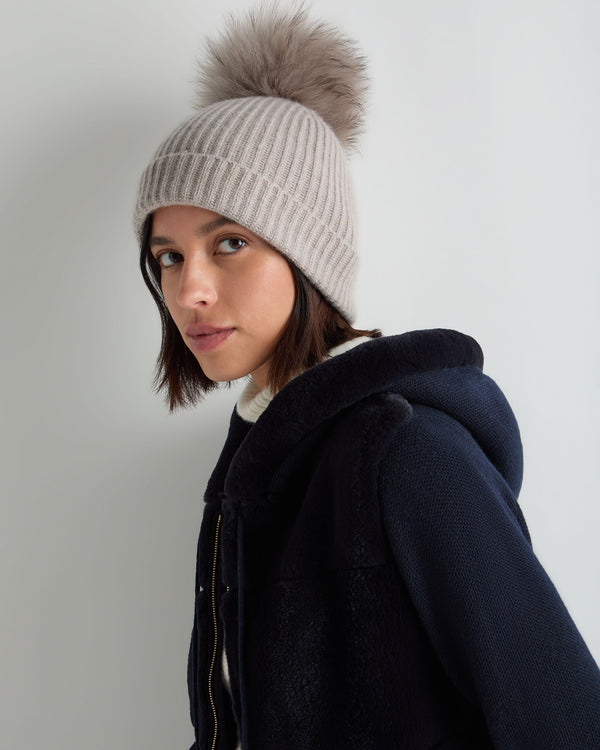 Unisex Ribbed Cashmere Hat With Detachable Pom 2