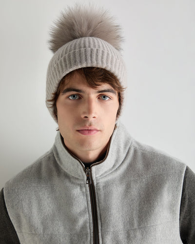Unisex Ribbed Cashmere Hat With Detachable Pom Oat Grey