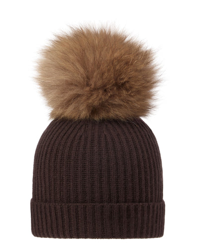 N.Peal Unisex Ribbed Cashmere Hat With Detachable Pom Redwood