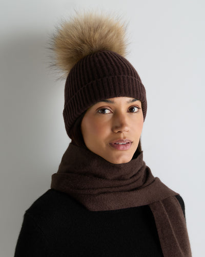 N.Peal Unisex Ribbed Cashmere Hat With Detachable Pom Redwood