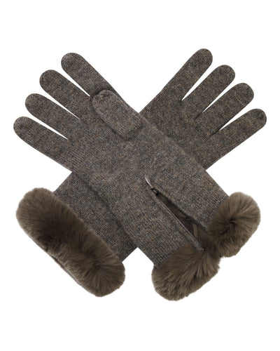 N.Peal Women's Fur Trim Cashmere Gloves Wood Smoke Brown