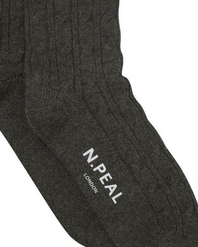 N.Peal Women's Cable Cashmere House Socks Grey Moss