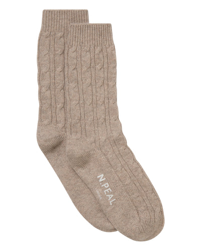 N.Peal Women's Cable Cashmere House Socks Oatmeal Brown