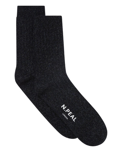N.Peal Men's Rib Cashmere House Socks Ink Blue Melange