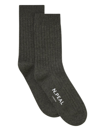 N.Peal Women's Rib Cashmere House Socks Grey Moss