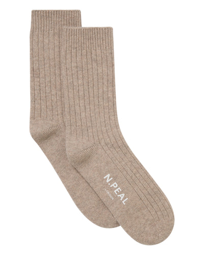 N.Peal Women's Rib Cashmere House Socks Oatmeal Brown