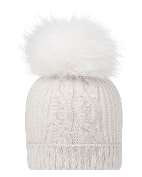 Women's Cable Cashmere Hat With Lurex And Fur Pom 1