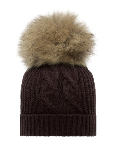 N.Peal Women's Cable Cashmere Hat With Fur Pom Redwood