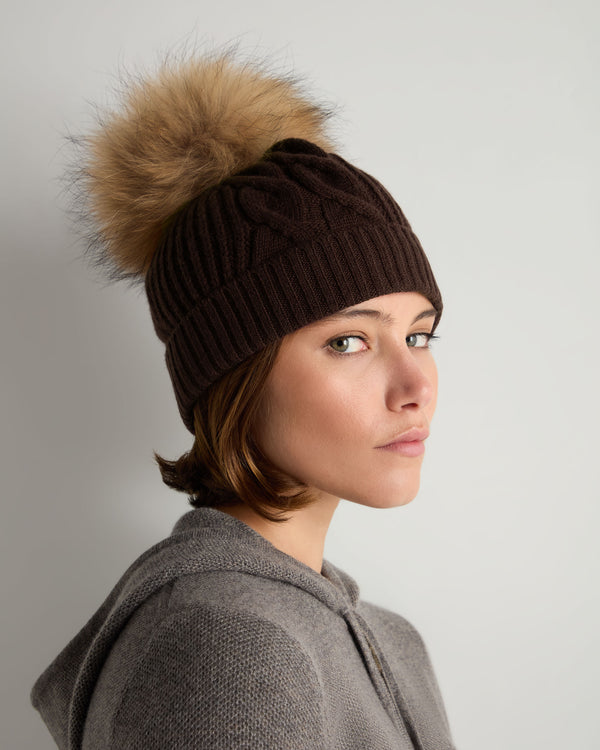 Women's Cable Cashmere Hat With Fur Pom 3