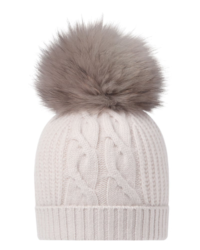 N.Peal Women's Cable Cashmere Hat With Fur Pom Snow Grey