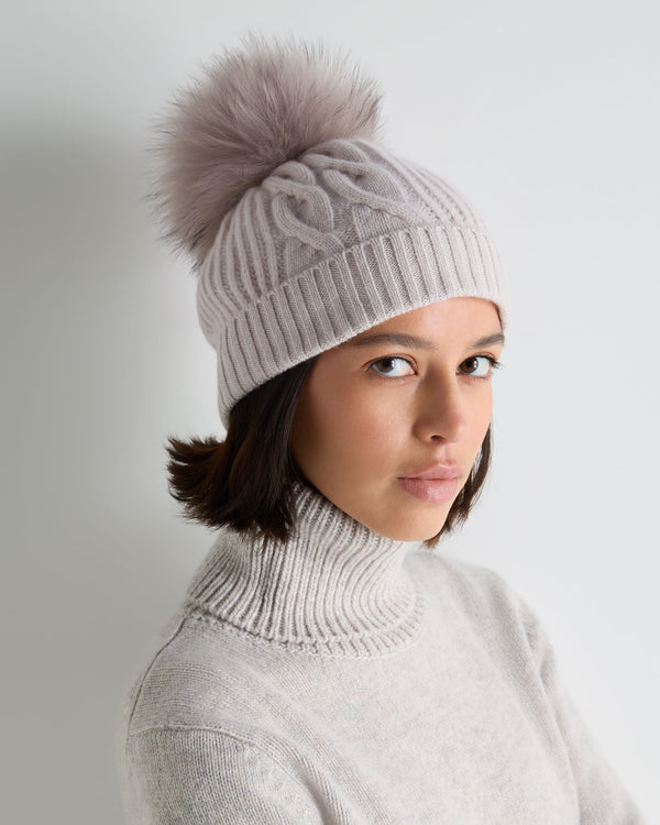 Women's Cable Cashmere Hat With Fur Pom 2