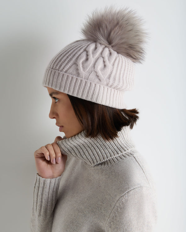Women's Cable Cashmere Hat With Fur Pom 3
