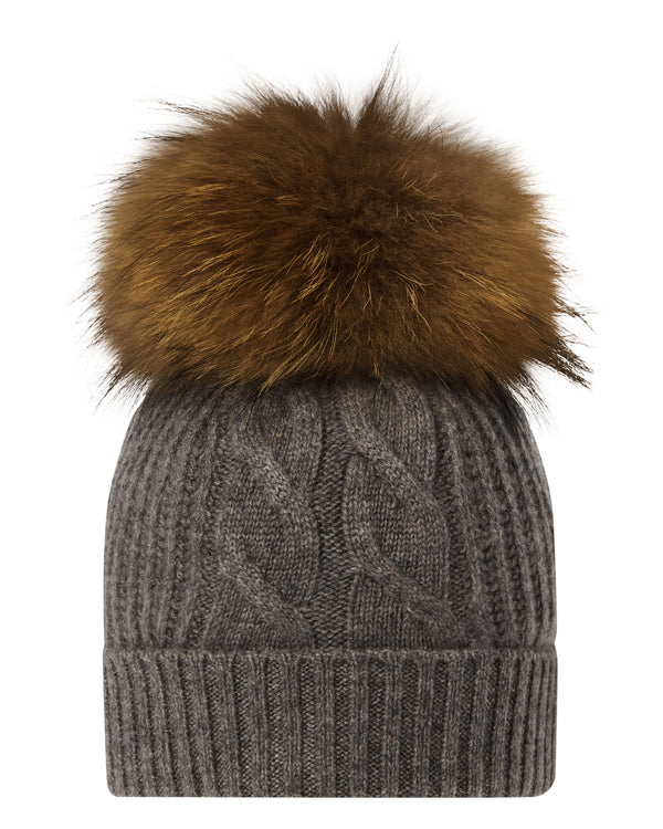Women's Cable Cashmere Hat With Fur Pom 1