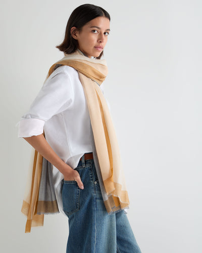 N.Peal Women's Bordered Cashmere Pashmina Grey + Blue