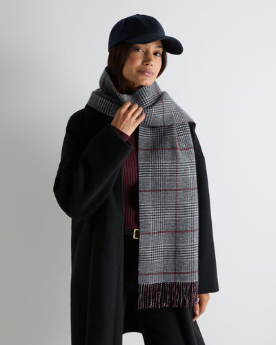 N.Peal Unisex Cashmere Check Scarf Grey + Burgundy