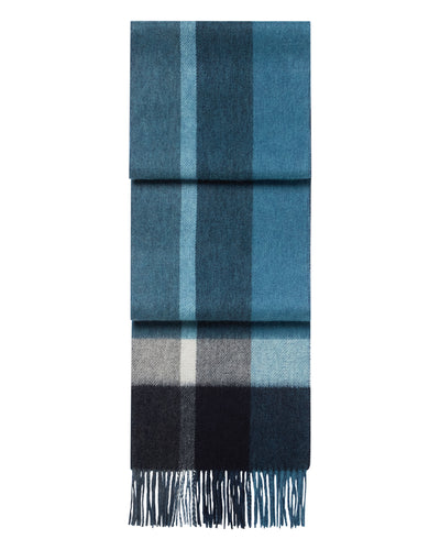 N.Peal Unisex Cashmere Check Scarf Navy Blue + Petrol Blue