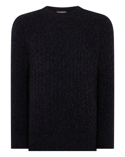 N.Peal Men's Thames Cable Round Neck Cashmere Jumper Ink Blue Melange
