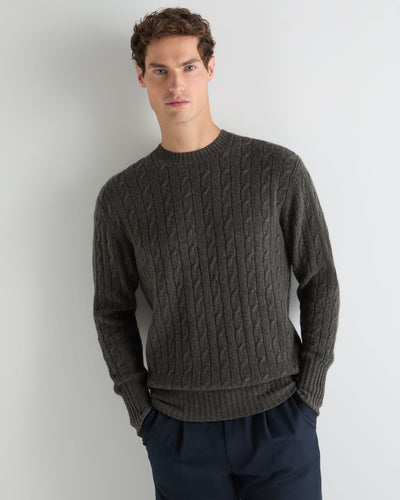 N.Peal Men's Thames Cable Round Neck Cashmere Jumper Grey Moss