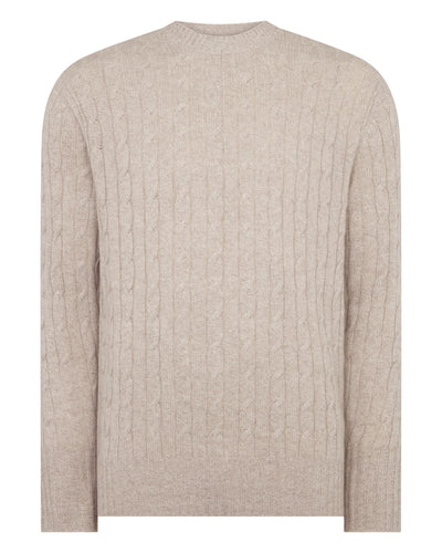 N.Peal Men's Thames Cable Round Neck Cashmere Jumper Toasted Sesame Brown