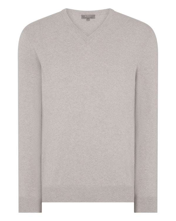 N.Peal Men's Burlington V Neck Cashmere Jumper Oat Grey