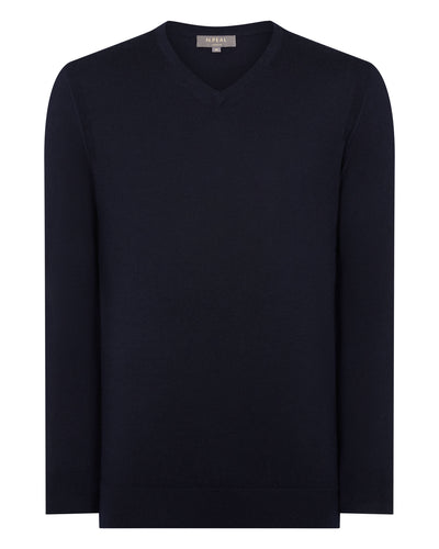 Men's Conduit Fine Gauge Cashmere V Neck Jumper Navy Blue