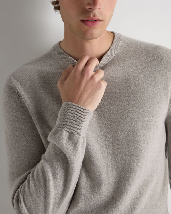 N.Peal Men's Oxford Round Neck Cashmere Jumper Oat Grey