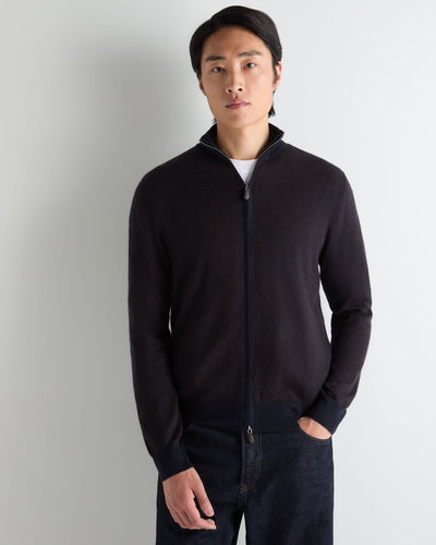 N.Peal Men's Hyde Jacquard Fine Gauge Cashmere Full Zip Jumper Navy Blue