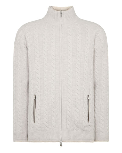 N.Peal Men's Aspen Cashmere Cable Fur Cardigan Pebble Grey