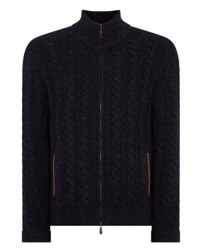 N.Peal Men's Richmond Cable Cashmere Cardigan With Fur Trim Ink Blue Melange