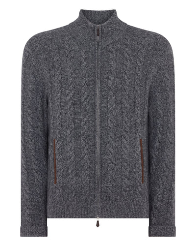 N.Peal Men's Richmond Cable Cashmere Cardigan Elephant Grey Melange