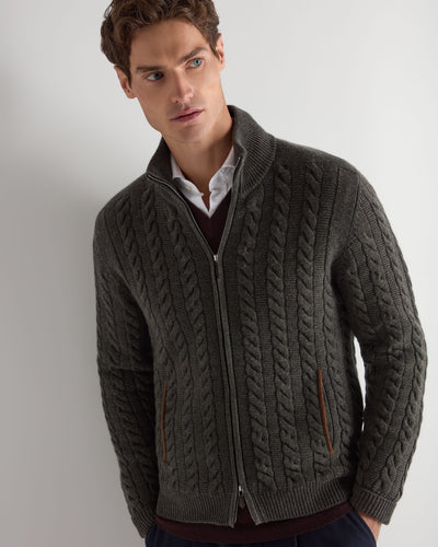 N.Peal Men's Richmond Cable Cashmere Cardigan Grey Moss