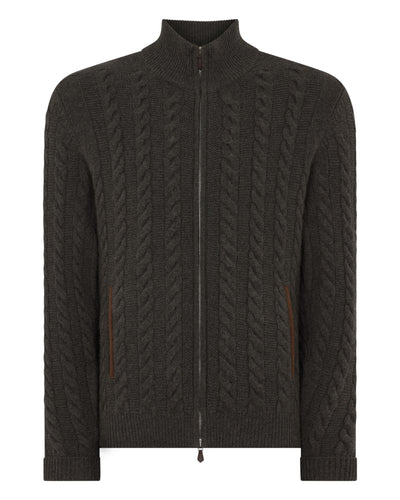 N.Peal Men's Richmond Cable Cashmere Cardigan Grey Moss