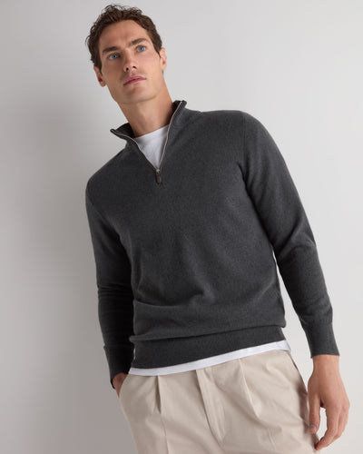 N.Peal Men's Carnaby Half Zip Cashmere Jumper Umber Grey