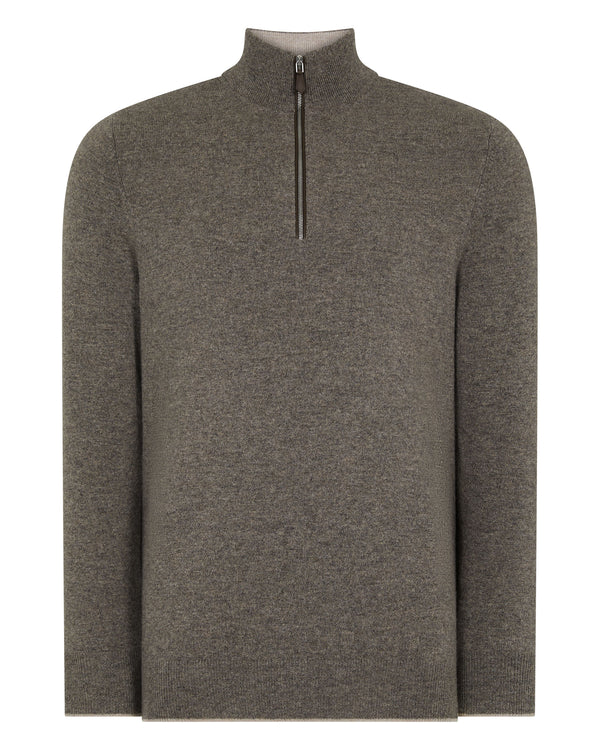 N.Peal Men's Carnaby Half Zip Cashmere Jumper Wood Smoke Brown