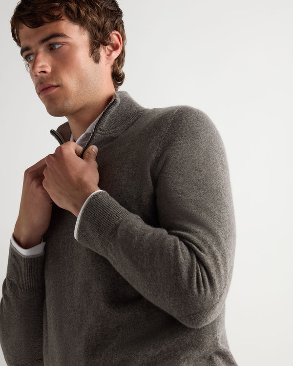 N.Peal Men's Carnaby Half Zip Cashmere Jumper Wood Smoke Brown