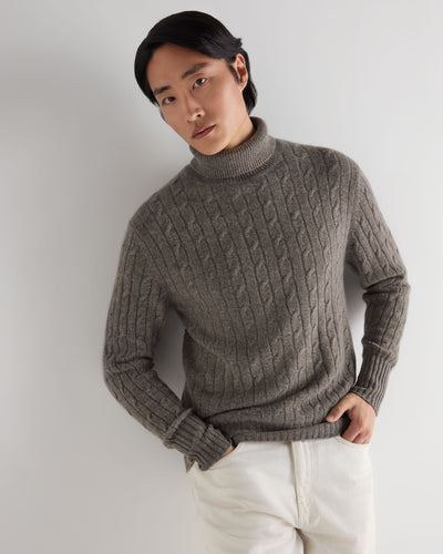 N.Peal Men's Berwick Cable Roll Neck Cashmere Jumper Wood Smoke Brown